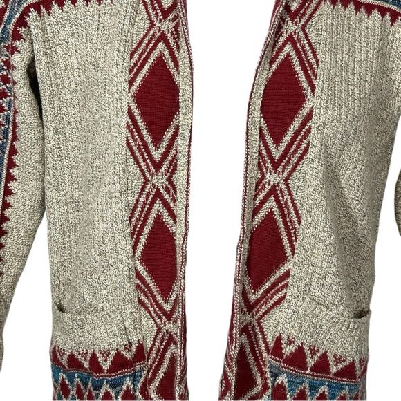 Lucky Brand Aztec Drape Wrap Cardigan Sweater Small Red Beige Tribal Pockets - Picture 4 of 13